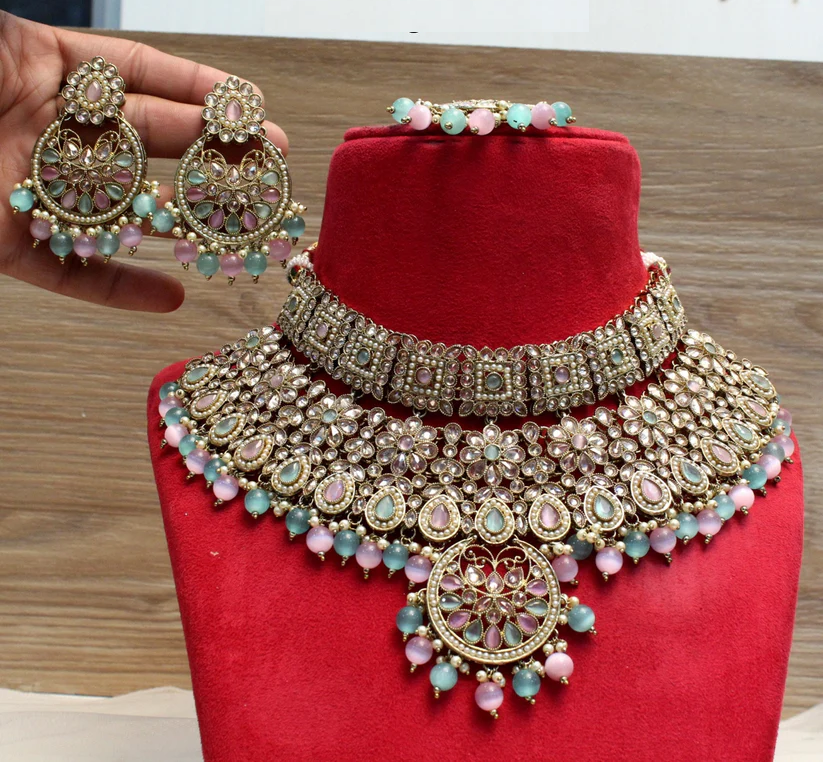 Necklace Set sea green pink choker necklace Jewellery set