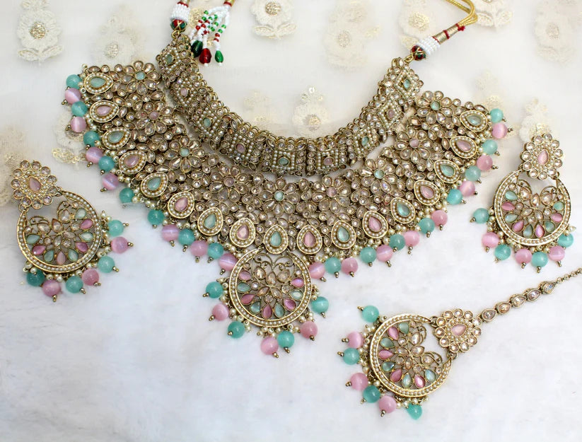 Necklace Set sea green pink choker necklace Jewellery set
