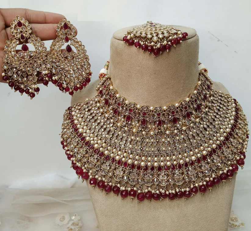 Antique gold finish Maroon Indian jewellery Jewellery set