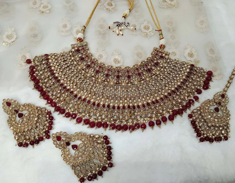 Antique gold finish Maroon Indian jewellery Jewellery set