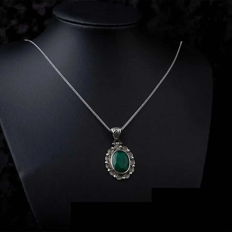 Emerald Green Filigree Silver Women Pendant