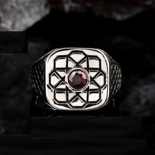 Single Red Zircon Rectangle Silver Ring