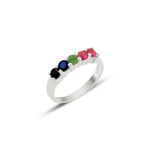 Natural Ruby & Emerald & Sapphire Five Stone Ring