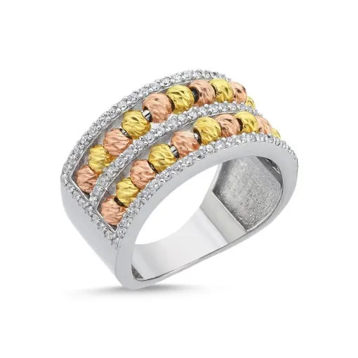 Zircon & Diamond Cut Tri Color Ball Ring