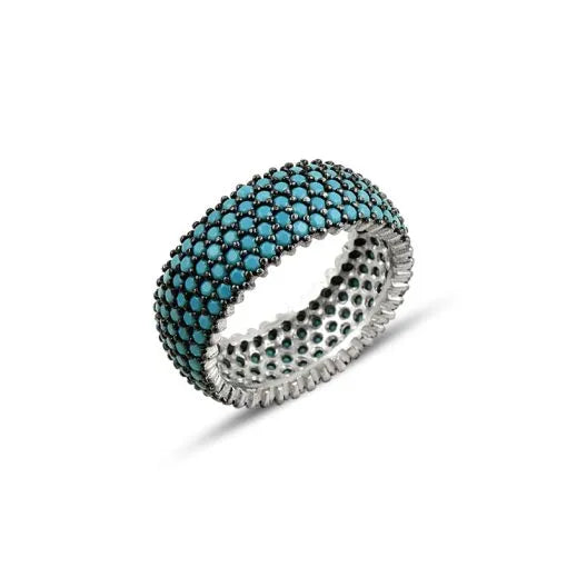 Rhodium Plated Turquoise Zircon 5 Lines Eternity Ring With Black