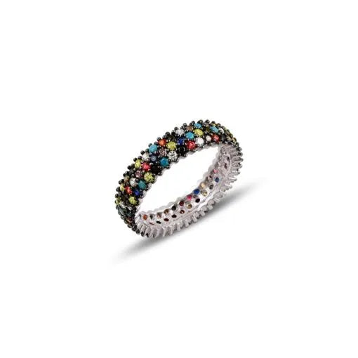 Zircon 3 Lines Rhodium Plated Mixed Color Eternity Ring