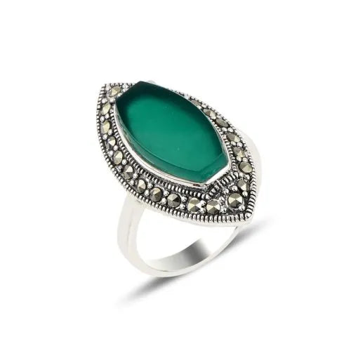 Green Agate & Marcasite Ring