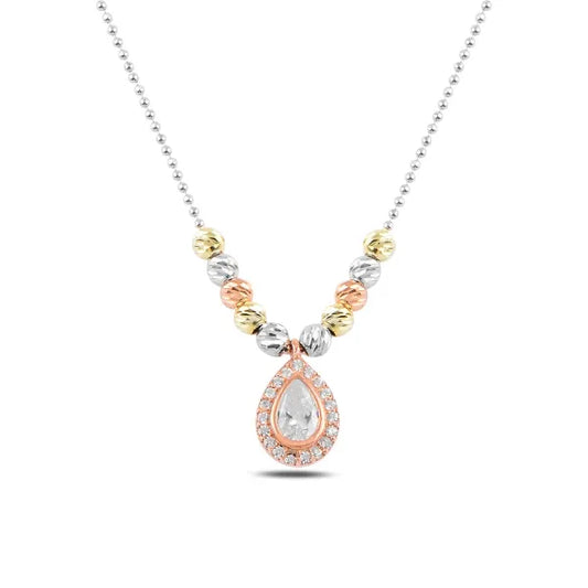 Diamond Cut Tri Color Ball & Zircon Silver Necklace