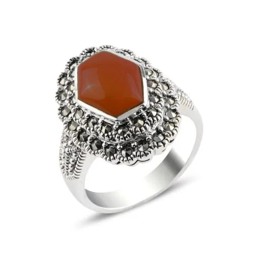 Red Agate & Marcasite Silver Ring 1