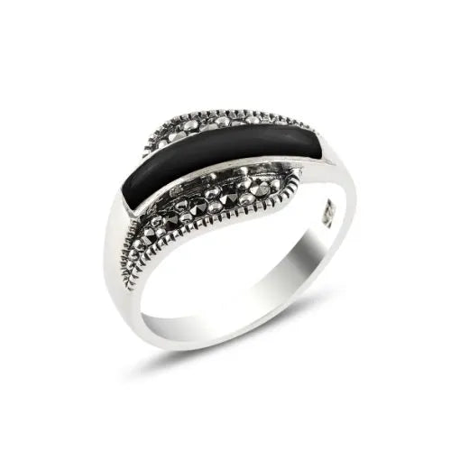 Onyx & Marcasite Silver Ring