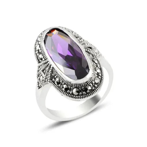 Amethyst Zircon & Marcasite Silver Ring