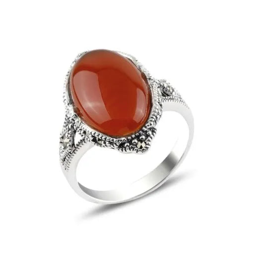 Red Agate & Marcasite Silver Ring