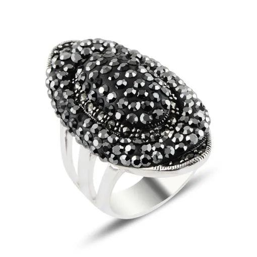 Black Zircon & Marcasite Silver Ring