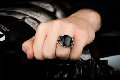 Black Aqeeq Onyx Oval Cut Silver Ring