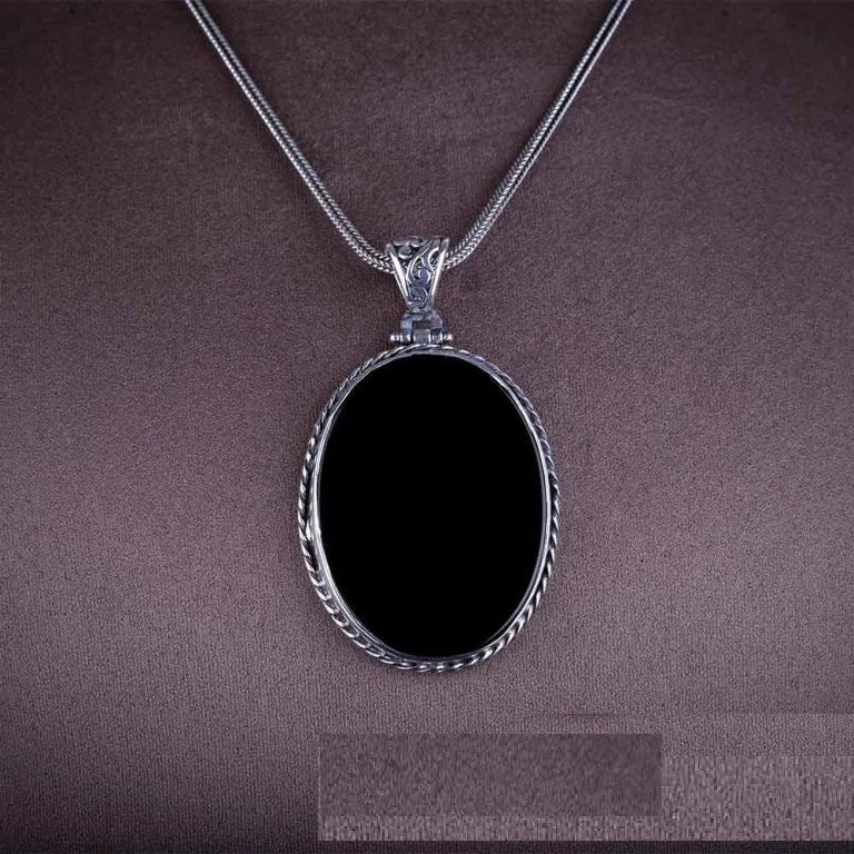 Flat Black Aqeeq Pendant In 925 Sterling Silver