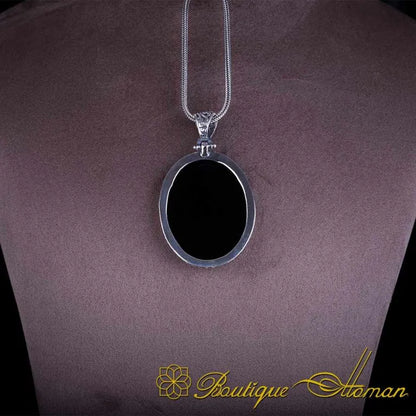 Flat Black Aqeeq Pendant In 925 Sterling Silver