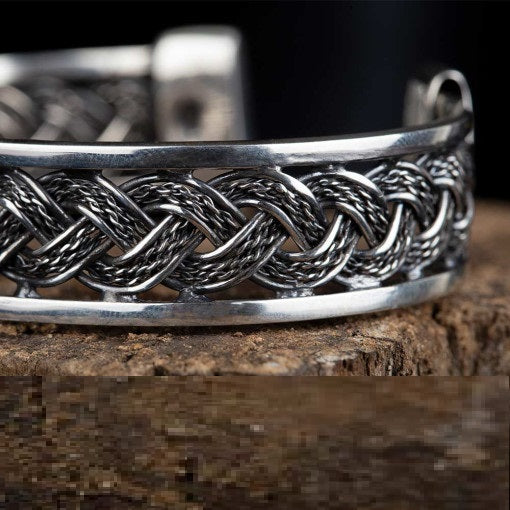 Knitted Design Unisex Silver Cuff Bracelet