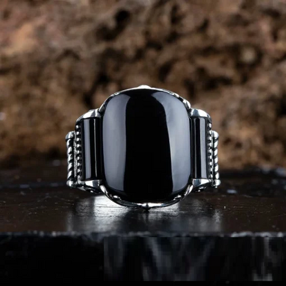 Black Aqeeq Onyx Oval Cut Silver Ring