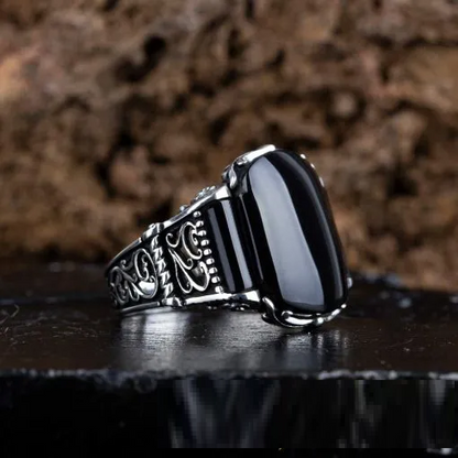 Black Aqeeq Onyx Oval Cut Silver Ring