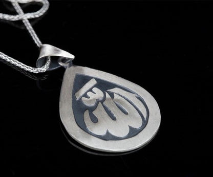 Allah Written Drop Shape Silver Necklace