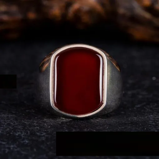 Plain Oval Red Aqeeq Modern Silver Ring