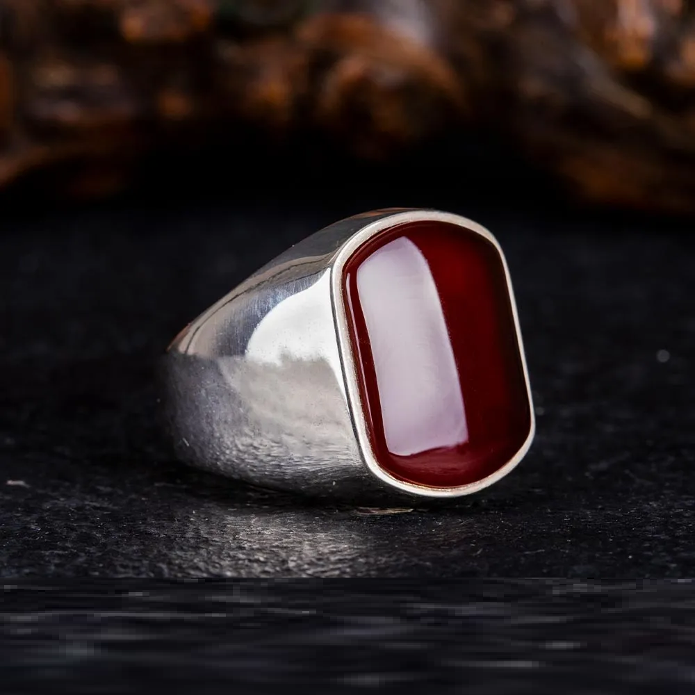 Plain Oval Red Aqeeq Modern Silver Ring