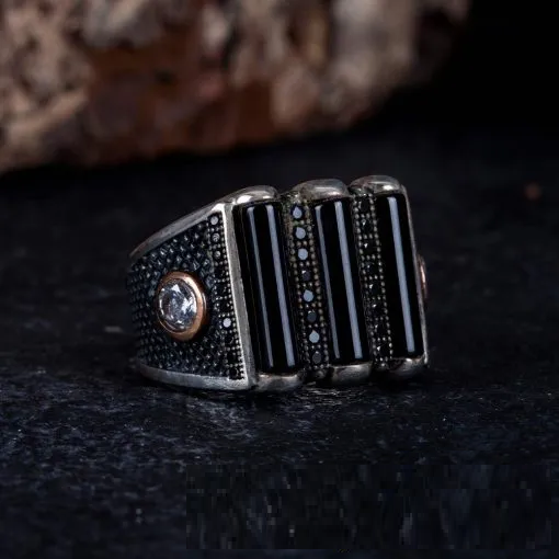 Black Aqeeq 3 Lines Oxidized Silver Ring