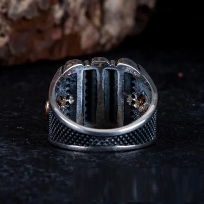 Black Aqeeq 3 Lines Oxidized Silver Ring