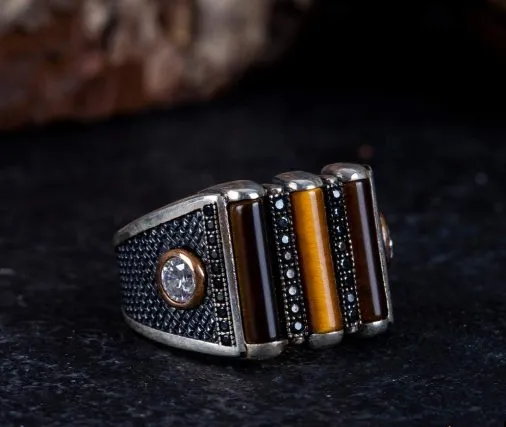 Brown Tiger’s Eye 3 Lines Oxidized Silver Ring