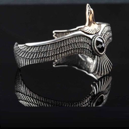 Eagle Black Zircon Detailed Silver Cuff Bracelet