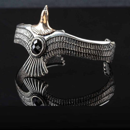 Eagle Black Zircon Detailed Silver Cuff Bracelet