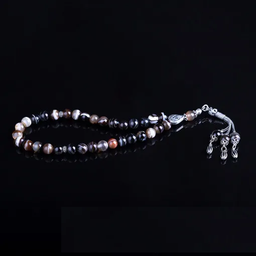 Brown Aqeeq Stone Silver Prayer Beads