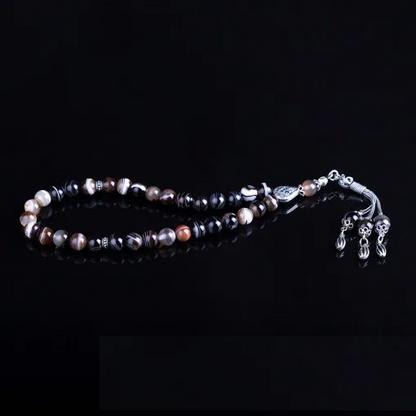 Brown Aqeeq Stone Silver Prayer Beads