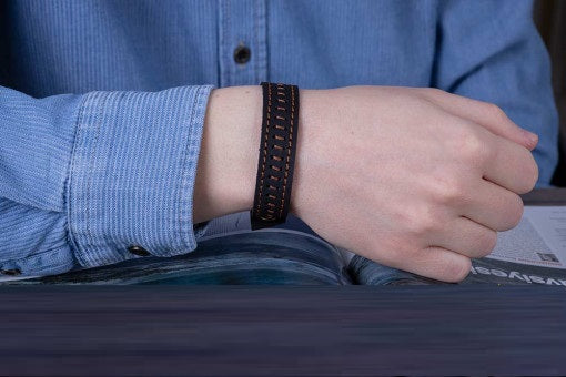 Brown Genuine Leather Black Stitched Unisex Bracelet