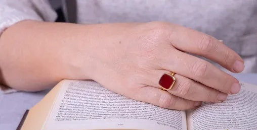 Red Yemeni Aqeeq Square Minimalist Women Ring (Gold Plated)