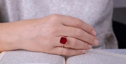 Red Yemeni Aqeeq Square Minimalist Women Ring (Rose Gold Plated)