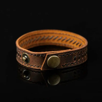 Brown Genuine Leather Camel Stitched Unisex Bracelet