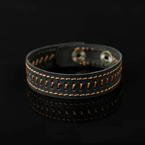 Black Genuine Leather Camel Stitched Unisex Bracelet