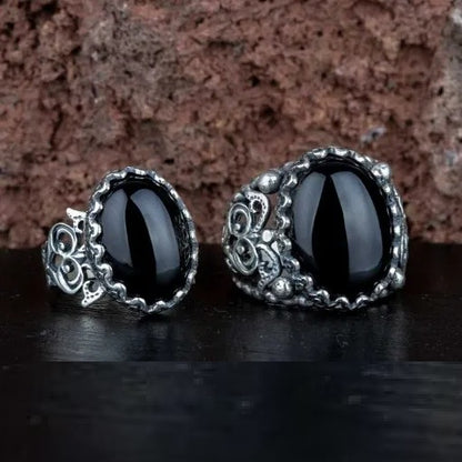 Black Aqeeq D Shape Handcraft Women & Men Couple Rings Set