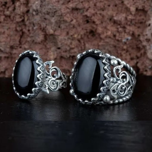 Black Aqeeq D Shape Handcraft Women & Men Couple Rings Set