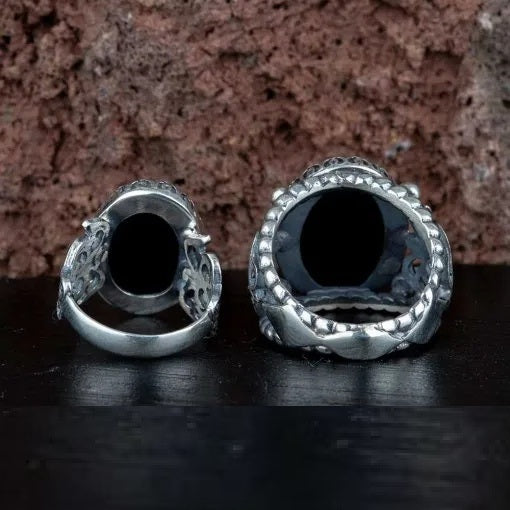 Black Aqeeq D Shape Handcraft Women & Men Couple Rings Set