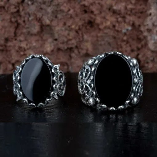 Black Aqeeq Flat Handcraft Women & Men Couple Rings Set