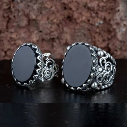 Black Aqeeq Flat Handcraft Women & Men Couple Rings Set