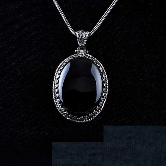 Black Aqeeq Onyx Oval Silver Pendant