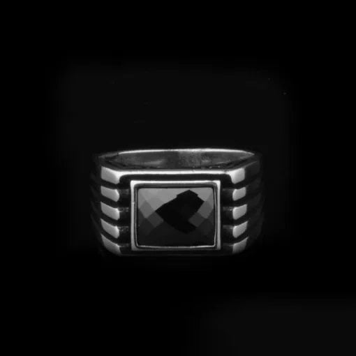 Black Rectangle Faced Cut Zircon Silver Ring