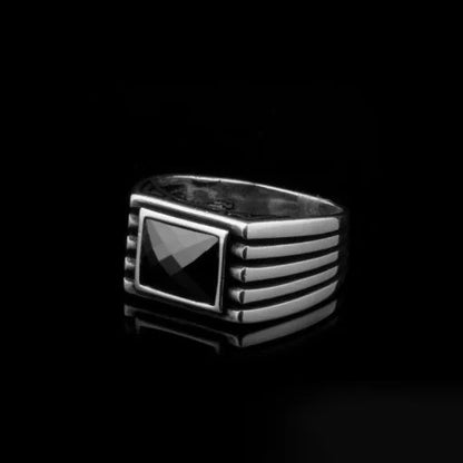 Black Rectangle Faced Cut Zircon Silver Ring