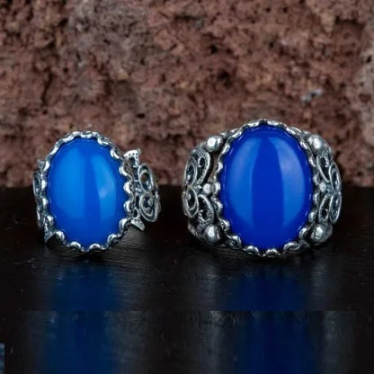 Blue Aqeeq D Shape Handcraft Women & Men Couple Rings Set