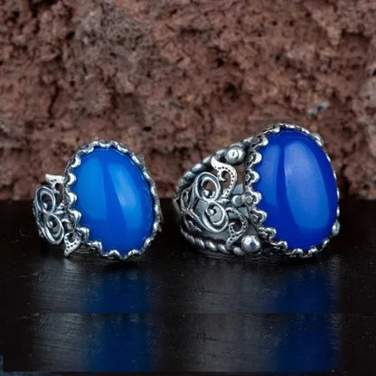 Blue Aqeeq D Shape Handcraft Women & Men Couple Rings Set