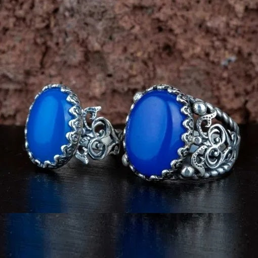 Blue Aqeeq D Shape Handcraft Women & Men Couple Rings Set