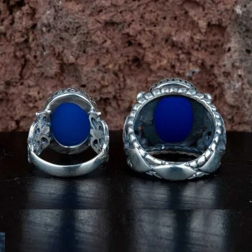 Blue Aqeeq D Shape Handcraft Women & Men Couple Rings Set